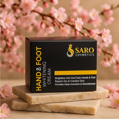 Saro Cosmetics hand and foot whitening cream packaging with cherry blossoms in the background