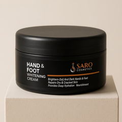 Saro Cosmetics hand and foot whitening cream jar on a beige background