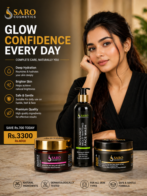 Saro Cosmetics skincare products with a woman in the background