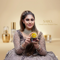 Woman holding a product with 'SARO' branding on a beige background
